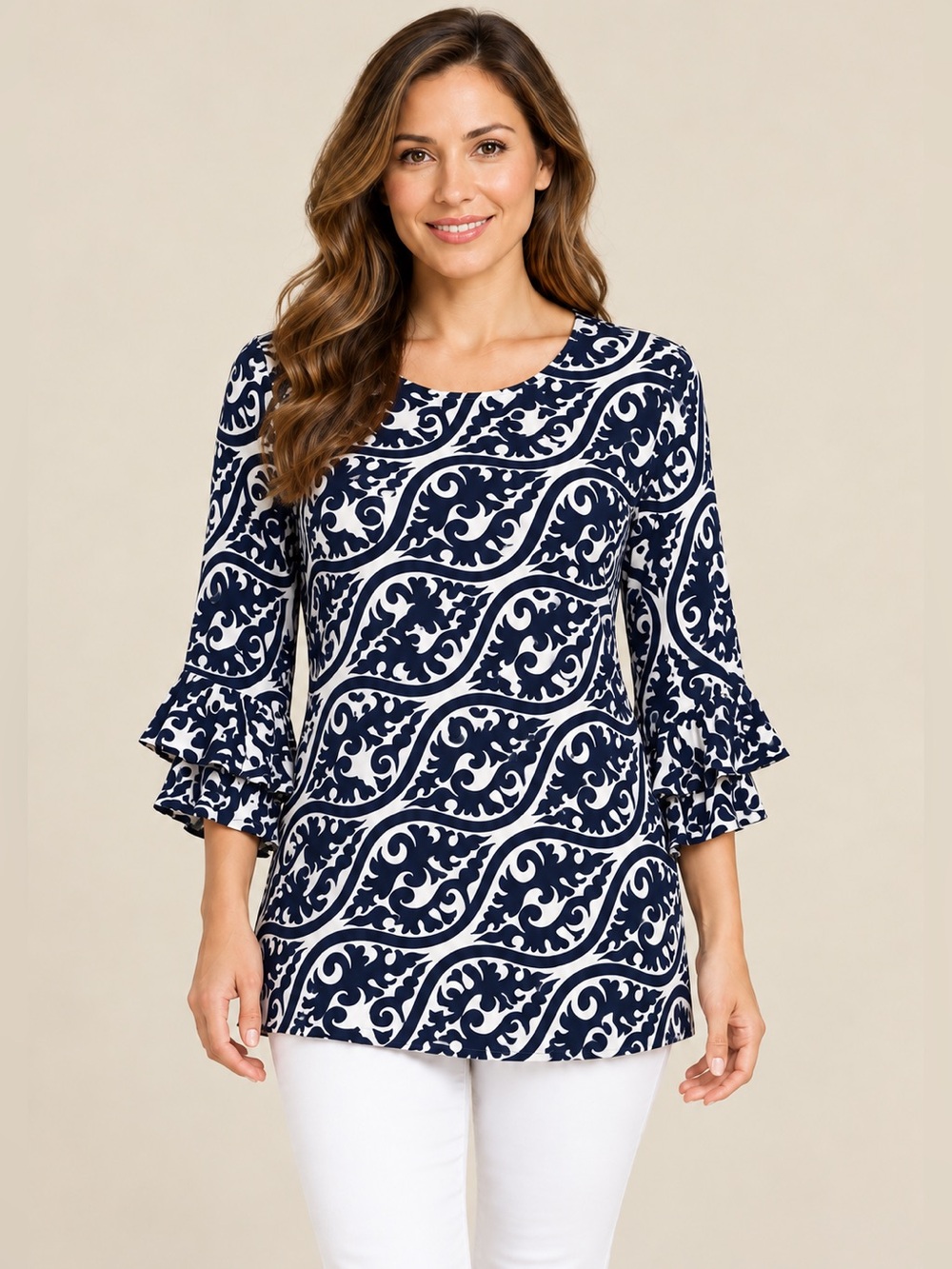 Escapada Navy Blue White Print Tunic Top S Ruffle Sleeve 100% Rayon